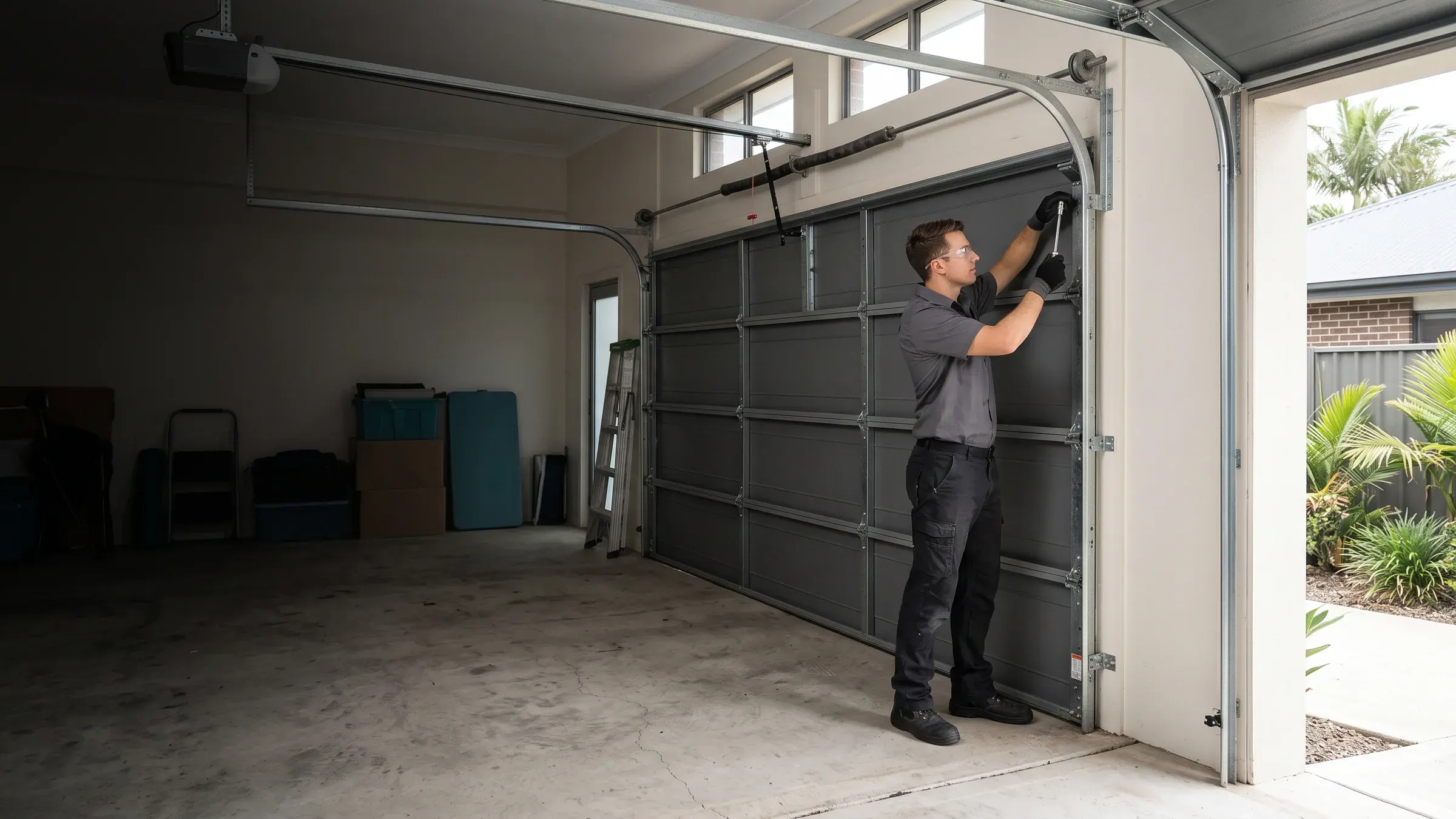 Specialist inspecting the track of a sectional garage door
