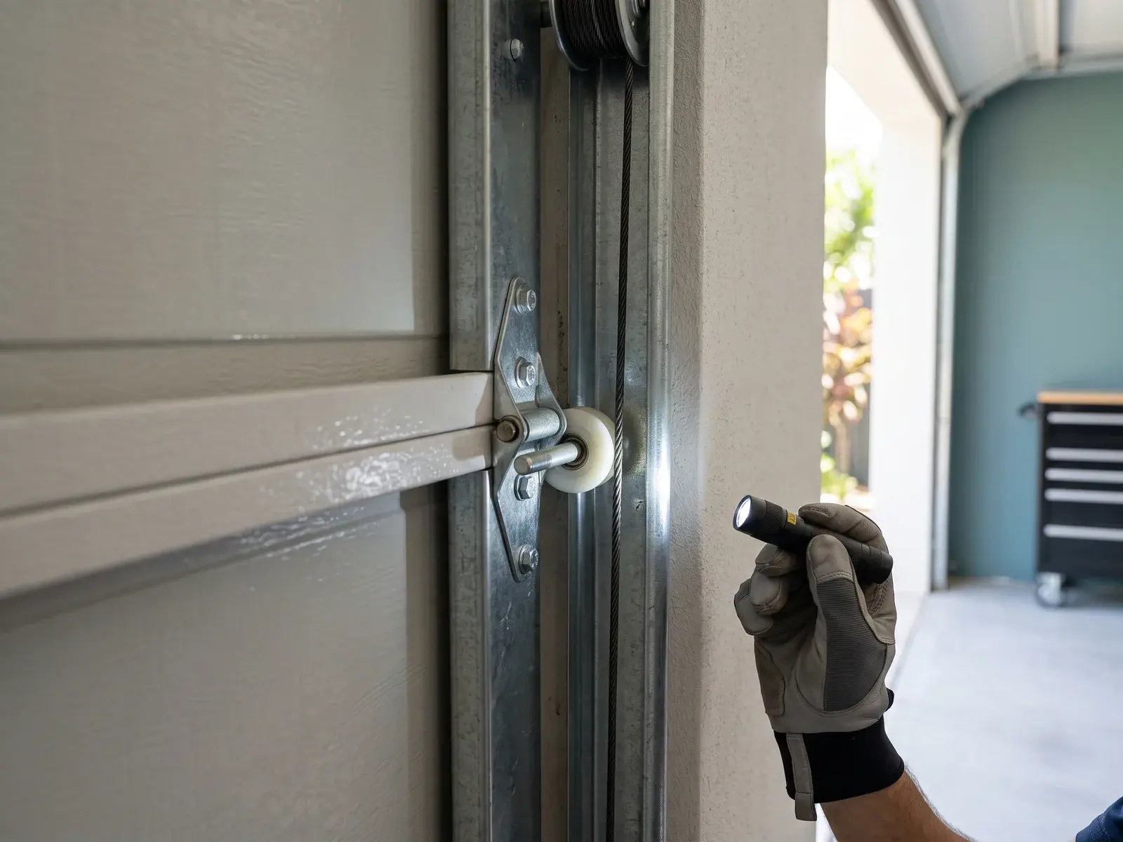 Close view of a garage door roller and track inspection