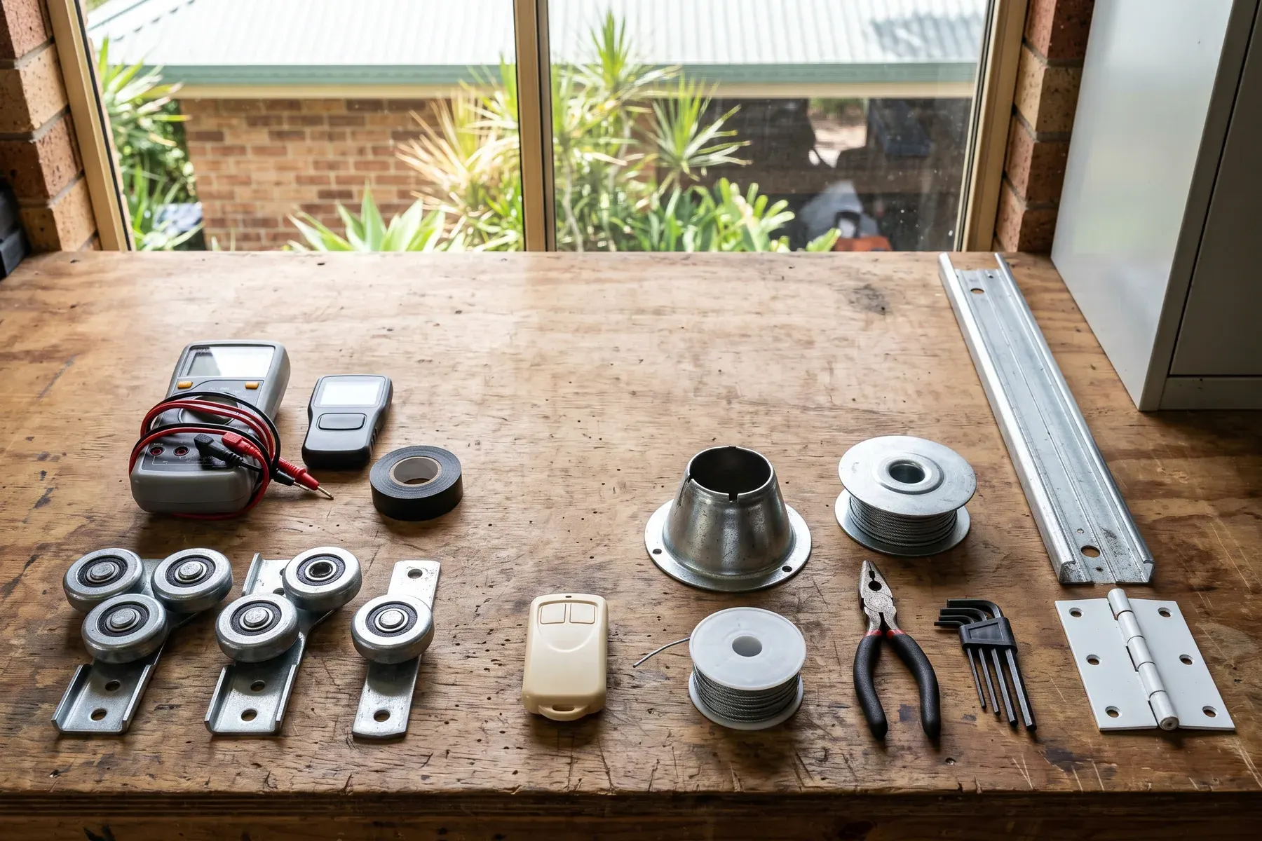 Garage door repair tools and components arranged on a bench